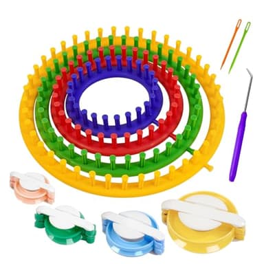 Cesilili Knitting Loom Kit with Pompom Maker Round Knitting Loom for Beginner 4 Sizes (4/6/8/10 Inches) Needle Set DIY Tool for Hats Scarves Handcrafts