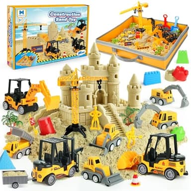 Sand Construction Site Kit - 37 Pcs Play Sand Art Kit with 8 Construction Trucks, Folding Sandbox, 2.2 lbs Magic Sand, Crane, Worker, Road Signs, Molds, Shovel - Ideal Toys for Boys Girls Age 3+