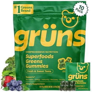 Gruns Adults Super Greens Gummies, Multivitamin Superfood Gummy Bears, Spirulina, Chlorella, Prebiotics & Fiber Gummies for Digestive Health, Adaptogens Supplement, 20 Vitamins & Minerals, 10 Count