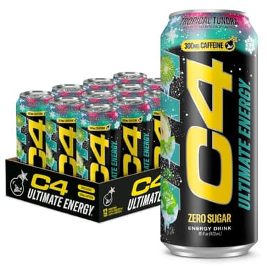 C4 Ultimate Energy Drink, 300mg Caffeine, Zero Sugar, High-Performance Energy for Pre-Workout, Endurance, and Focus, Tropical Tundra Frost, 16oz (Pack of 12)
