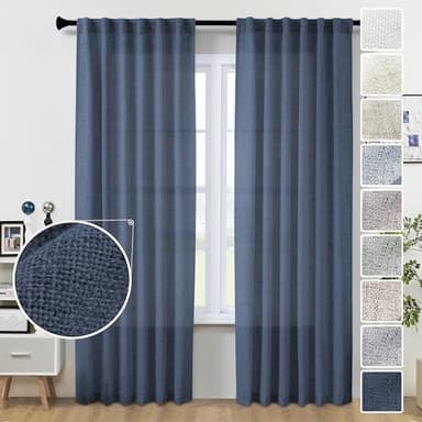 MEETBILY Navy Blue Linen Curtains 96 Inches Long 2 Panel Set Midnight Blue Light Filtering Privacy Semi Sheer Curtain Panels Modern Farmhouse Window Drapes for Living Room Bedroom Indigo, 8FT