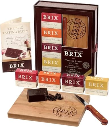 Brix Chocolate For Wine Gift Set with Variesty 4 Pack 3oz Brix Bars Knife and Cutting Board