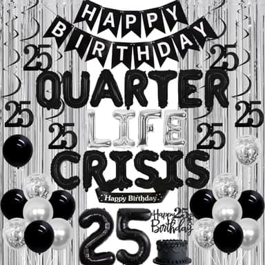 Balterever 25th Birthday Decorations Silver and Black Quarter Life Crisis Balloon Banner Decoration Happy 25th Birthday Decor with Happy Birthday Banner Fringe Curtain Cake Topper Hanging Swirl