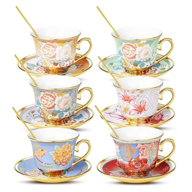 XRBEOU Tea Cups and Saucers, Tea Cup Set of 6, 8 OZ Floral Cups Porcelain Cup Set for Cappuccino, Coffee, Afternoon Tea Birthday Party Supply Housewarming Gift
