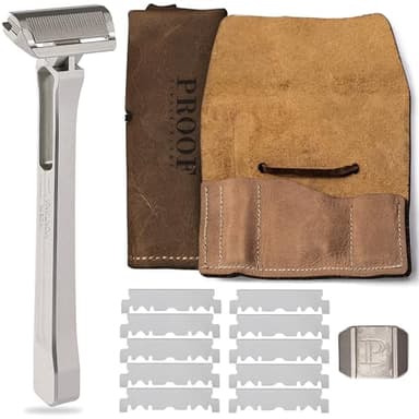 PROOF Select Single Blade Razor for Men with Pivoting Head Made in USA - CNC Machined Aluminum Easy Blade Replacement - Includes Genuine Leather Travel Case, Suction Cup Holder and Safety Razor Blades