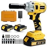 Cordless Impact Wrench 258Ft-lb（350N.m）, 1/2 Impact Gun, 2 Batteries, Pistola de Impacto, with 6 Sockets, Electric Impact Driver for Car Tires and Home YELLOW
