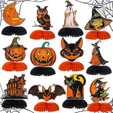 AmazingSpark 12 Pcs Vintage Halloween Honeycomb Centerpieces for Table Vintage Halloween Party Decor Retro Jack O Lantern Cat Owl Witch Pumpkin Classic Orange Black Table Home Decor for Party School