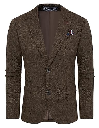 Men's Vintage Herringbone Tweed Blazer Peak Lapel Wool Blend Jacket Brown Herringbone L