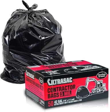 Ultrasac Heavy Duty Contractor Bags (VALUE 50 PACK/w TIES), 42 Gallon, 32.75" X 47" - 3 MIL Thick Large Black Industrial Garbage Trashbags for Construction and Commercial use