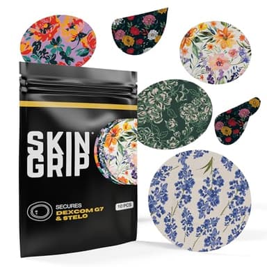 Skin Grip Adhesive Patches for Dexcom G7 & Stelo CGM – Waterproof & Sweatproof Cover for Continuous Glucose Monitor Sensor, Stays Secure for 10-15 Days – 10 Pack, Floral