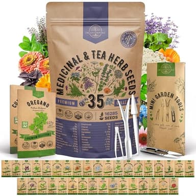 35 Medicinal & Tea Herb Seeds Variety Pack for Indoor & Outdoors. 16,335+ Non-GMO Heirloom Garden Seeds: Anise, Bergamot, Borage, Cilantro, Chamomile, Dandelion, Rosemary Seeds & More