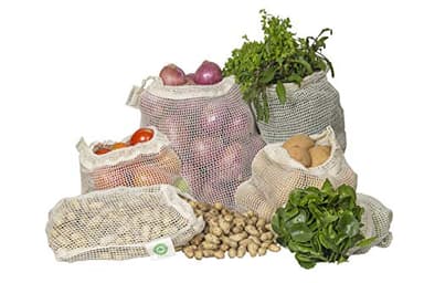 Reusable Cotton Mesh Produce Bags - 100% Organic Cotton, Durable, Double Stitched, Washable with Tare Weight & Drawstring - Mesh Bags for Grocery Shopping, Vegetables & Fruits | Set of 6 (2L, 2M, 2S)