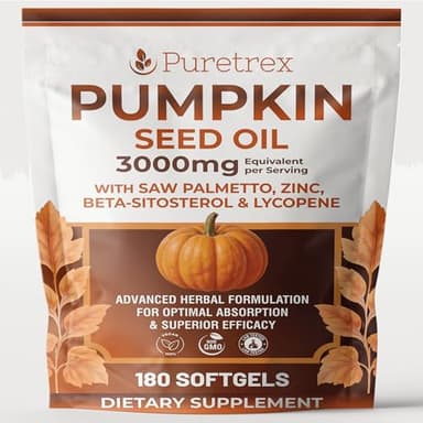 PURETREX Pumpkin Seed Oil Complex 3000mg with Saw Palmetto, Beta-Sitosterol, Zinc & Lycopene – 180 Vegan Softgels | Prostate, Hair Growth & Hormonal Balance Support | Cold-Pressed, Non-GMO, Lab Tested
