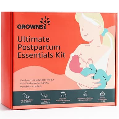 GROWNSY Postpartum Essentials Recovery Kit for Women After Birth, Includes 8 Self-Absorbent Postpartum Disposable Underwear, Peri Bottle, Perineal Spray, 28 Cooling Pad Liners, 2 Post Partum Ice Packs