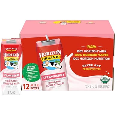 Horizon Organic Shelf Stable 1% Lowfat Strawberry Milk Boxes, 8 fl oz, 12 Count - 8g Protein per Serving, USDA Organic UHT from Pasture-Raised Cows, Ready to Drink for Lunchbox, Travel, or On-the-Go, No Refrigeration Needed