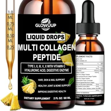 Multi Collagen Peptides Liquid Drops for Women & Men-Type I, II, III, V, X丨Hydrolyzed Collagen Peptides, Collagen Proteins W. Hyaluronic Acid, Biotin & Vitamin C for Hair Skin & Joint Gut Health