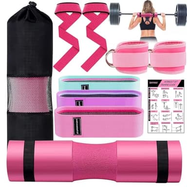 Barbell Pad Set, 10 Pcs Barbell Squat Pad for Hip Thrusts, Lunges, Leg Day with 2 Gym Ankle Straps, 3 Hip Resistance Bands, 2 Lifting Strap, Barbell Pad and Carry Bag