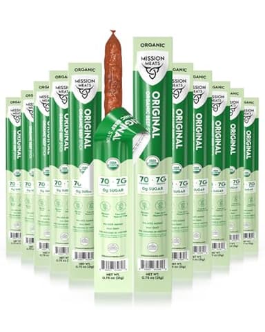 Mission Meats 100% Certified Organic Beef Sticks – Pasture-Raised, Zero Sugar, Non-GMO, Healthy Individually Wrapped Meat Sticks Snack, 0.75oz (12ct)