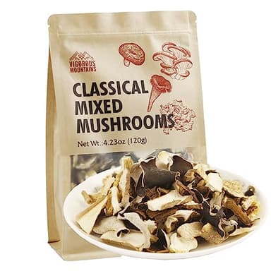 VIGOROUS MOUNTAINS Dried Mixed Mushrooms Blend Including Porcini Shiitake Oyster Woodear Mushrooms 4.23oz, Soft Texture Bold Flavor Vegan Food for Cooking 120g