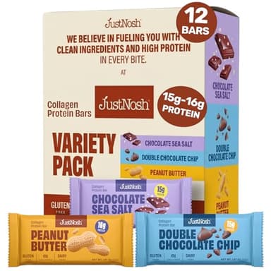 JUSTNOSH Chocolate ​L​over's Variety Pack Collagen Protein Bars – 15g Protein, 10g Collagen | Gluten & Dairy Free, Low FODMAP, Seed Oil Free (12 Pack)