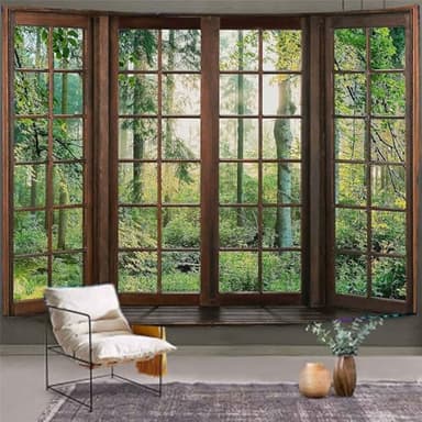 Aidatain Green Forest Natural Tapestry Window Scenery Wall Aesthetic Tapestry for Bedroom Flannel 90" L x 84" W Beach Blanket Living Dinning Room College Dorm Wall Hanging GTDJAT0092