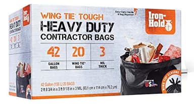 Iron-Hold Contractor Trash Bags - 42 Gallon, 20 Bags, Wing Tie Closure, 3 MIL Thick, Gusseted Bottom, Black - Heavy Duty Industrial Strength Garbage Bags