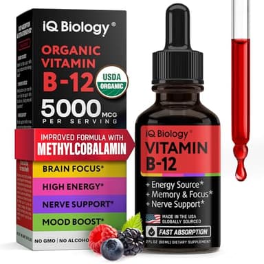Organic Vitamin B12 Liquid Drops - Methylcobalamin 5000 mcg Sublingual - Organic B 12 Methylated for Women & Men - Vegan Vit B12 for Energy, Brain & Nerve System Support (under tongue use) - 2 fl oz