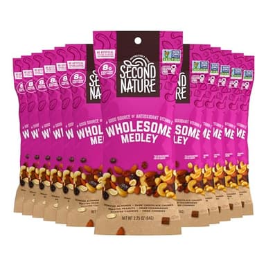 Second Nature Wholesome Medley Trail Mix - 12 Count, 2.25 oz Individual Snack Packs, Certified Gluten-Free – Dark Chocolate, Dried Fruit and Nut Trail Mix, Ideal for Travel Snacks