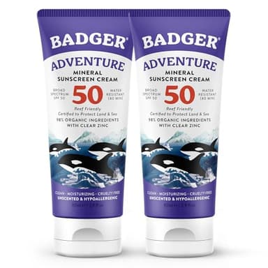 Badger Reef Safe Mineral Sunscreen, SPF 50, 98% Organic with Zinc Oxide, Non Toxic, Water Resistant, Unscented & Hypoallergenic, Broad - Spectrum, For Adventure & Sport, 2.9 fl oz (2 Pack)