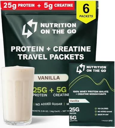 Nutrition On The Go Whey Protein Isolate Packets with Creatine – 25g Protein + 5g Creatine – Single-Serve Travel Protein Powder – Vanilla (6-Pack)