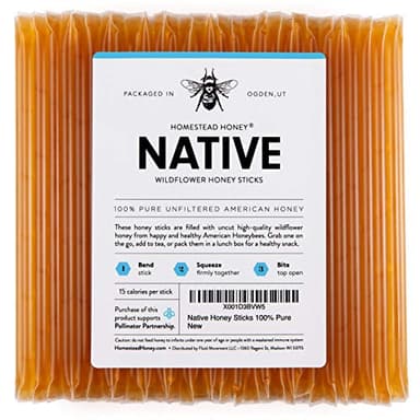 Homestead Honey Native Sticks 100 Count - Pure Wildflower - Individual Packets - Unfiltered Snack for Kids, Hiking, and Tea - Natural, No Additives - 8.25x6x1.25 inches