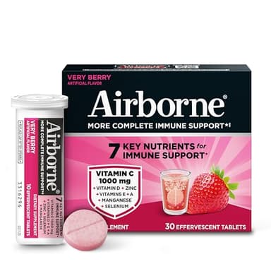 Airborne 1000mg Vitamin C with Vitamin D & Zinc, Sugar Free Multivitamin Immune Support Supplement, Antioxidants Vitamins A C & Vitamin E, 30 Effervescent Tablets, Very Berry Flavor
