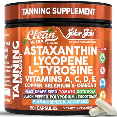 Solar Skin Astaxanthin Tanning Supplement Lycopene L-Tyrosine Vitamins A C D E, PABA Beta Carotene Selenium Grapeseed Extract Omega 3 Flax Seed Copper Capsules By Clea Nutra