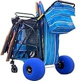 Beach Cart Balloon Wheel Deluxe Heavy Duty Folding Ocean Utility 13” x 7” Sand Wheels Holds 4 Folding Chairs Umbrella Holder Removable Beach Bag Blue Striped Pattern