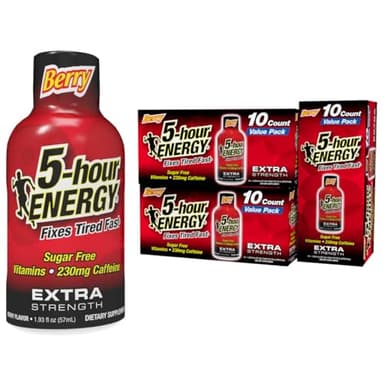 5-hour ENERGY Shots Extra Strength, Berry Flavor, 30 Count, 1.93 Fl Oz, Sugar Free, Zero Calories, Amino Acids and Essential B Vitamins, Dietary Supplement, Feel Alert and Energized, 230 mg Caffeine