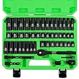 SWANLAKE 3/8" Drive Impact Socket Set, 50-Piece Standard SAE (5/16 to 3/4 inch) and Metric (8-22mm) Size, 6 Point, Cr-V, 3/8-Inch Ratchet Handle, Extension Bar, Universal Joint