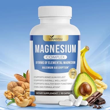 1000mg Magnesium Complex for Women & Men*, 8 Elemental with Magnesium Glycinate, Citrate, Malate, Taurate, Oxide, Carbonate, Aspartate, Orotate for Bones, Muscle, Recovery, Energy, Vegan, 90 Capsules