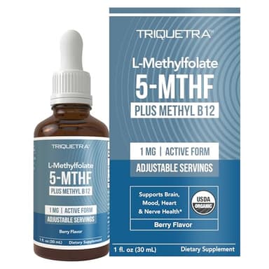 Organic Methyl Folate 1000 mcg + Methyl B12 Cofactor (300 Servings) – Metabolically Active 5-MTHF Form, Organic Berry Flavor, Liquid Sublingual Form – Mood, Cognition, Methylation, Pregnancy (1oz)