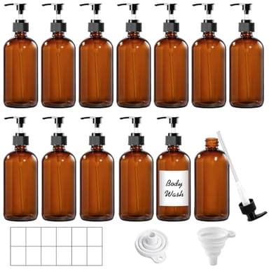 12 Pack Amber Glass Bottles 8oz with Pump Dispensers, Refillable Empty Pump Bottles for Bathroom, Kitchen, Shampoo, Soap, Lotion – Includes 2 Funnels & 12 Labels