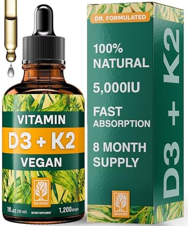 NATURTREU Vegan Vitamin D3 K2 Liquid Drops with MCT Oil for Adults (240 Servings) - Liquid Vitamin D K2 MK7 - All Natural, Non-GMO & Dr Formulated with 3X More Absorption - Third-Party Tested