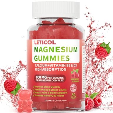 LETSCOL Magnesium Glycinate Gummies 800mg Per Serving, Sugar Free Magnesium Supplement with Magnesium Malate, Calcium, Vitamin D3, B6, CoQ10 for Calm Support & Zzz for Adults Kids