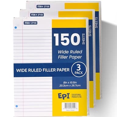 EPI Filler Paper | Wide Ruled | Loose Leaf, 3-Hole Punched, 10.5 x 8 in, 150 Sheets | School, Office, Notes, Binder Refill - 3 Pack