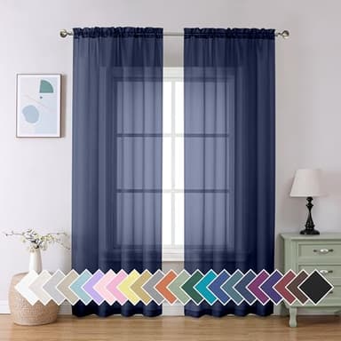 Aiyufeng Sheer Navy Blue Curtains 84 inch Length 2 Panels Set, Airy Soft-Touching Rod Pocket Voile Drapes for Living Room/Bedroom, Each 40W x 84L
