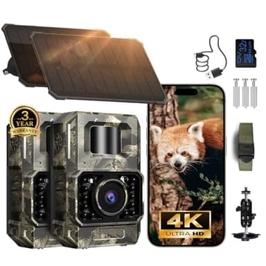 MAXDONE Solar Trail Camera 2 Pack - 4K 64MP WiFi Bluetooth Solar Deer Camera with Night Vision Motion Activated, Game Camera IP66 Waterproof, Wildlife Cameras Built-in Battery Rechargeable Power