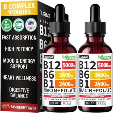(2 Pack) Vitamin B12 and B6 Liquid Drops, B12 Sublingual Vitamin B Complex - B 12 Vitamin 5000mcg - B12 Methylcobalamin for Energy, Brain, and Heart Support with 27,200 mcg, Raspberry, 80 Servings