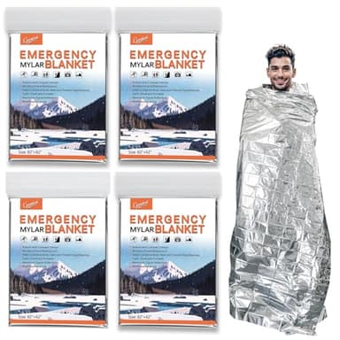 CPOMIENI 4 Pack -Large 82” x 62” Survival Emergency Mylar Thermal Blankets, Thermal Survival Blanket Perfect for Camping, Hiking, Body Insulation, Outdoors, Car Survival Kit, Bug Out Bag