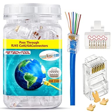 RJ45 23AWG Cat6a Cat6 Connector Gold Plated 8P8C Pass Through Ends UTP Network Plug for Unshielded Twisted Pair Solid Wire & Standard Cables | Transparent Passthrough Ethernet Connector (100Packs)