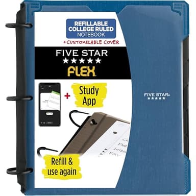 Five Star Flex Refillable Notebook + Study App, College Ruled Paper and 1 Inch TechLock Ring Binder with Customizable Cover, Pockets, Tabs and Dividers, 200 Sheet Capacity, Pacific Blue (29326AD2)