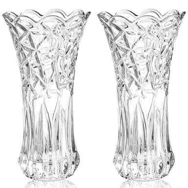 Dicunoy Set of 2 Glass Flower Vase, 9.5" Large Clear Flower Vases for Centerpieces, Modern Crystal Rose Vase, Heavy Duty Tall Cylinder Flared Vase with Heavy Base for Home, Living Room, Office