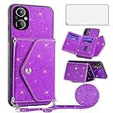 Asuwish Phone Case for OnePlus Nord N20 5G Wallet Cover with Tempered Glass Screen Protector and Crossbody Strap Bling Glitter Card Holder One Plus N 20 G5 1 Plus 20N 1plus One+ 1+ N205G Purple
